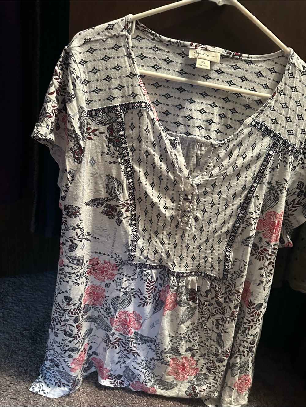 Style & Co. White Floral Short Sleeve Peasant Blouse with Pink Accents